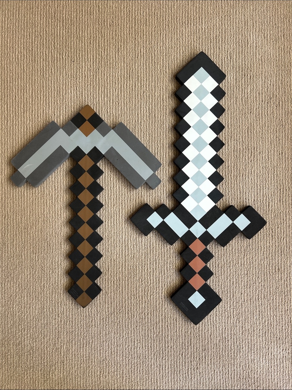 Minecraft Pixel-Style Wall Sword and Pickaxe Set in Black, Gray, Brown